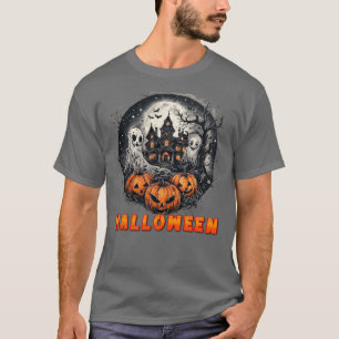 T-shirt Maison hantée avec citrouilles, fantômes et pleine