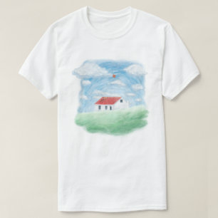 T-shirt Maison rouge paisible sur une colline verte