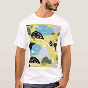 T-shirt Maisons scandinaves, arbres, montagnes motif.