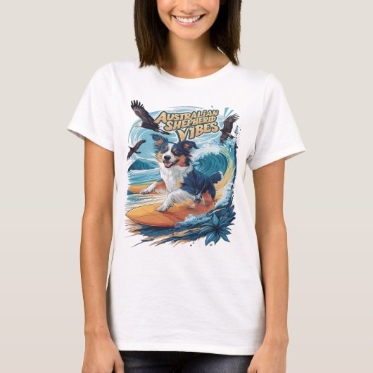 T-shirt Majestic Australian Shepherd Dog Surfing the Crest (Devant)