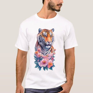 T-shirt Majestic Tiger Portrait with Pink Peonies 