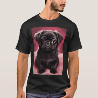 T-shirt Mâle pug noir sur coussin rose en peluche