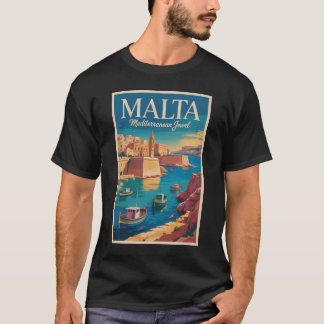 T-shirt Malta Coast Illustration Travel Art Vintage