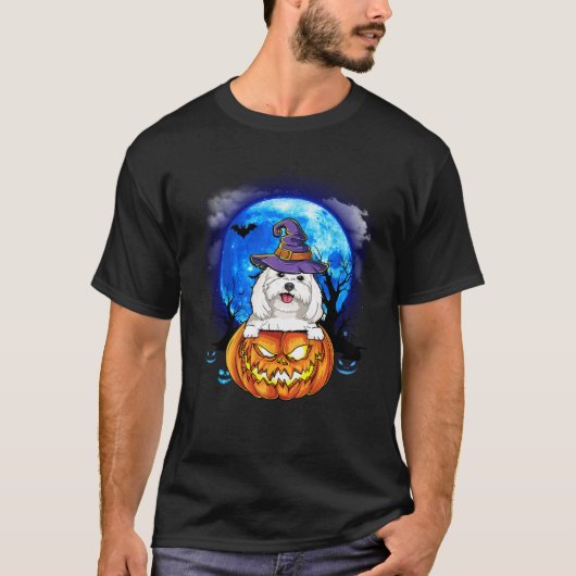 T-shirt Maltais sorcière Lune Citrouille effrayant Hallowe (Devant)