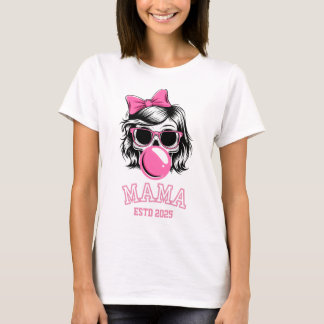 T-shirt Mama Fondée en 2025 Crâne avec un Nœud Rose