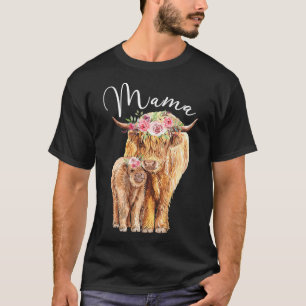 T-shirt Mama Highland Cow Avec Bébé Calf Floral Mères Da