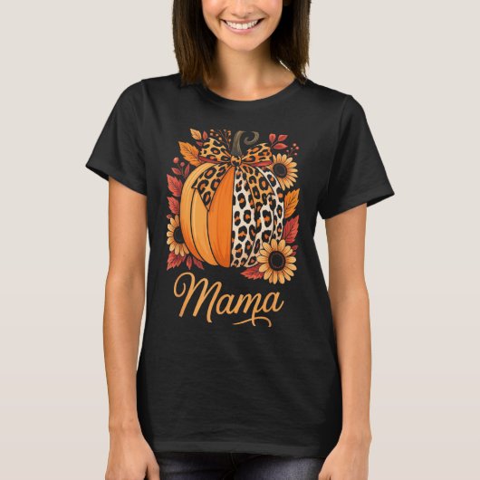 T-shirt Mama Thanksgiving Leopard Pumpkin Sunflower Coquet (Devant)