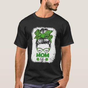 T-shirt Maman Clover Messy Bun Leopard Drôle St Patrick's