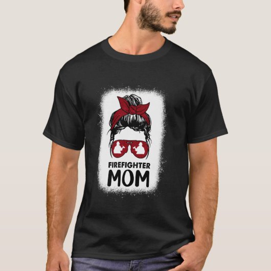 T-shirt Maman maman pompier Bleached Messy Bun Us Fireman (Devant)