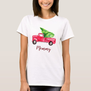 T-shirt Maman Red Pickup Camion Arbre de Noël aquarelle