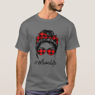 T-shirt Maman Vie Messy Bun Cheveux Leopard Red Plaid Happ