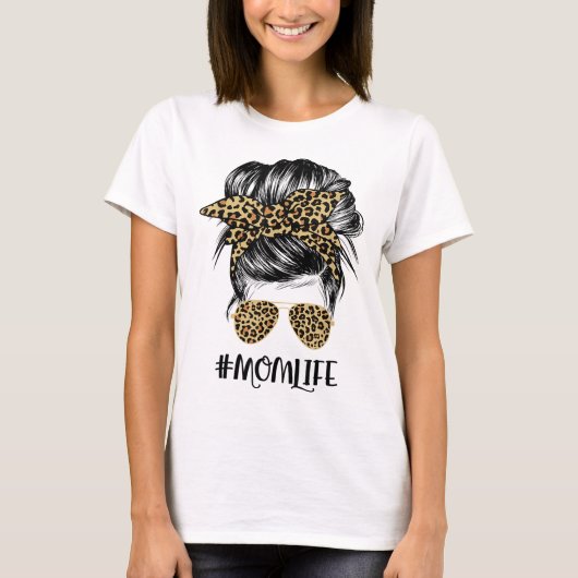 T-shirt Maman Vie Messy Cheveux Bun Leopard Femmes Fête de (Devant)