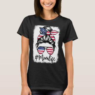T-shirt Maman Vie Messy Cheveux Lunettes American Drapeau