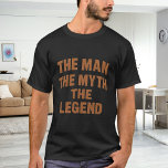 T-shirt Man myth legend name fun brick wall<br><div class="desc">For a black/dark colored t-shirt. Text: The Man,  The Myth,  The Legend. Brown brick wall font.</div>