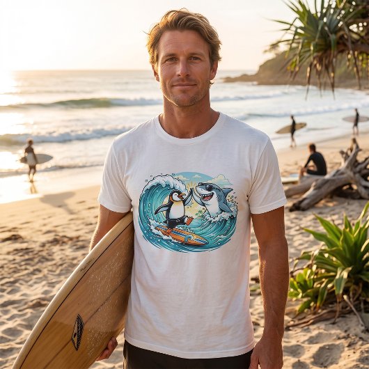 T-shirt Manchot surfeur et requin high five