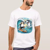 T-shirt Manchot surfeur et requin high five (Devant)