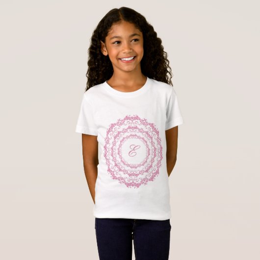 T-Shirt Mandala rose floral. Nom. (Devant entier)