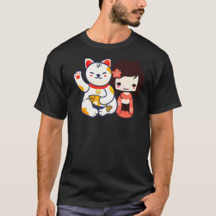 T-shirt Maneki Neko Chat Chanceux Invitant Avec Fille Mign