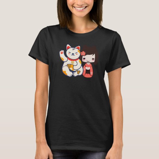 T-shirt Maneki Neko Chat Chauffant Avec Jolie Fille (Devant)