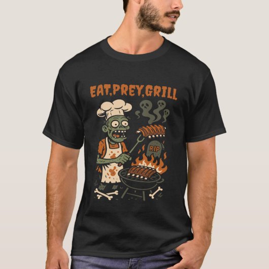 T-shirt Manger Proie Grill Zombie Squelette BBQ Pitmaster (Devant)