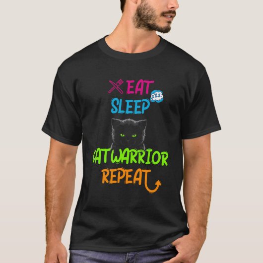 T-shirt Mangez Sleep Chat Guerrier Répéter Chat (Devant)