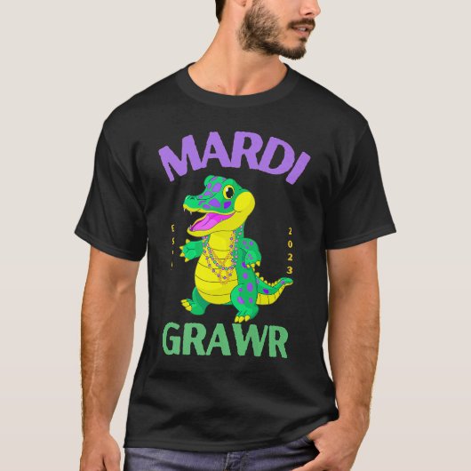 T-shirt Mardi Gras Alligator Dinosaur Mardi Grawr Bead Cos (Devant)