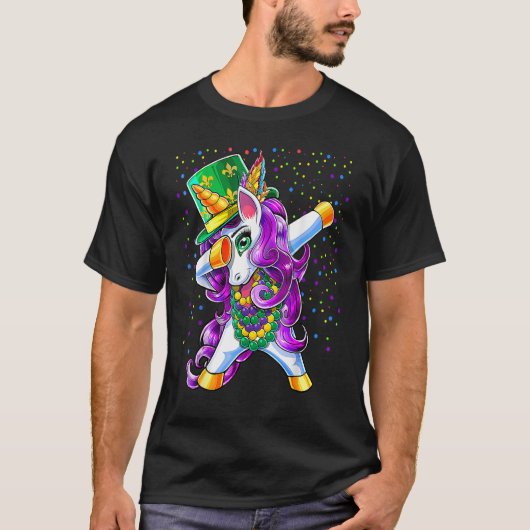 T-shirt Mardi Gras Dabbing Unicorn Jester Hat Bead Costume (Devant)