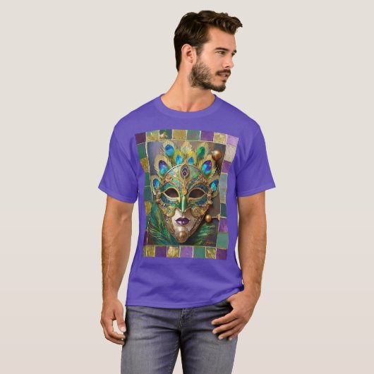 T-shirt Mardi Gras Gold Ceramic Peacock Feature Masque (Devant entier)