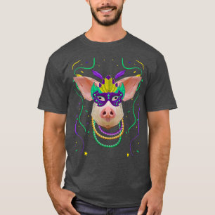 T-shirt Mardi Gras Pink Pig Polygon Wearing Mask Beads Pre