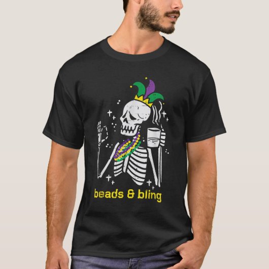 T-shirt Mardi Gras Skeleton perles Bling Funny Outfit Homm (Devant)