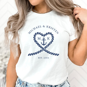 T-shirt Mariage cœur d'ancre de corde blanc et bleu nautiq