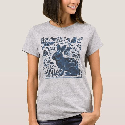 T-shirt Marine Blue Rabbit & Bird Floral Leaf Scroll Desig (Devant)
