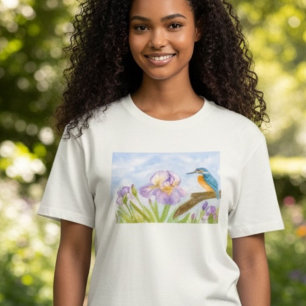 T-shirt Martin-pêcheur à l'aquarelle avec iris violets