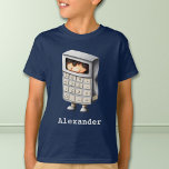 T-shirt Masque bleu Nerd enfant dans la combinaison de cal<br><div class="desc">Quel t-shirt mignon pour les amoureux des maths. L'illustration en tant qu'enfant à l'intérieur d'un costume de calculatrice prêt pour sa prochaine fête. Juste en dessous de l'image le texte est écrit en lettres blanches. Personnalisez le texte avec votre propre message ou nom et cliquez sur en personnaliser si vous...</div>