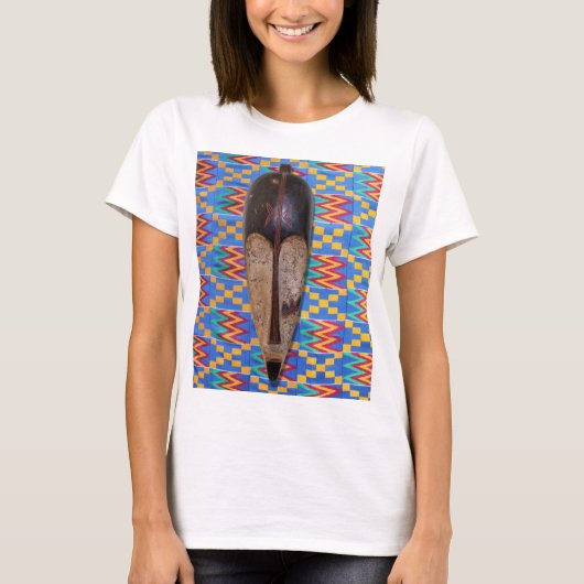 T-shirt Masque Tribal Africain bleu Jaune Kente Tissu TShi (Devant)