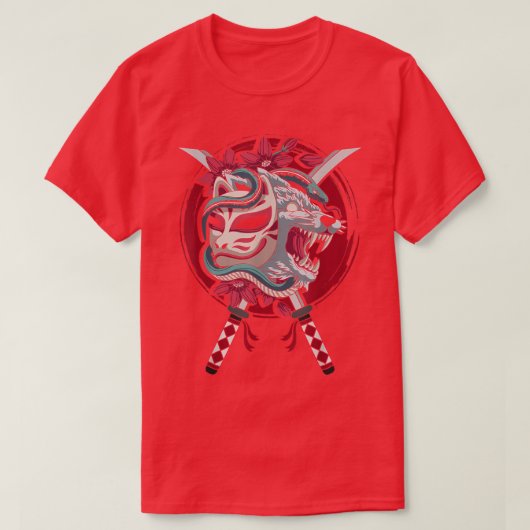 T-shirt Masques de kitsune de style samouraï en anime japo (Design devant)