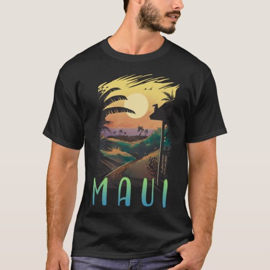 T-shirt Maui Retro Sunset Aloha Hawaiian Vacances Été H (Devant)