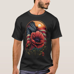 T-shirt Memorial Day Red Poppy Flower USA Drapeau 4 juille