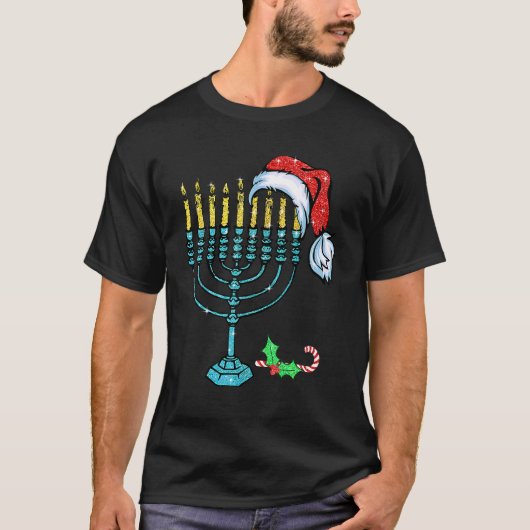 T-shirt Menorah Santa Hat Chanukah Hanoukka Christa juif (Devant)
