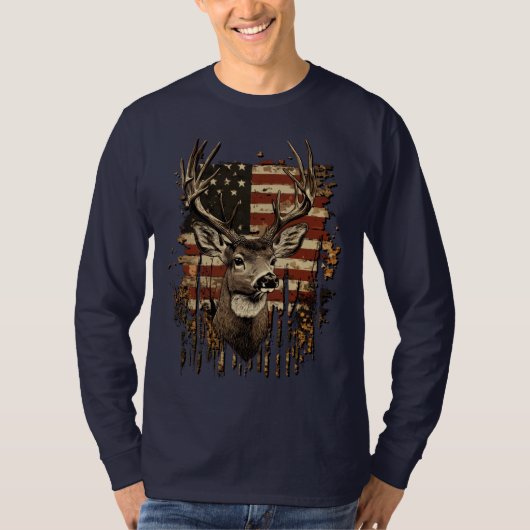 T-shirt Men's American Flag Deer Hunting Tee, Long Sleeves (Devant)