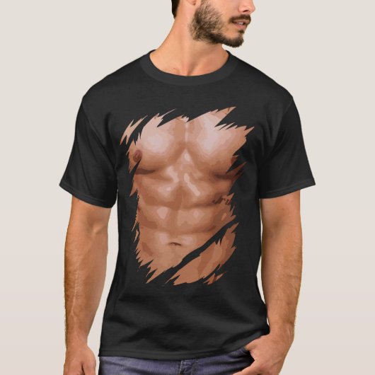 T-shirt Mens Faux Muscles Écrits Torn Poitrine Six Pack Ab (Devant)