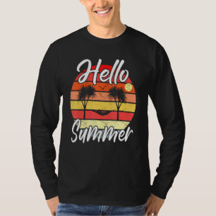 T-shirt Mens Hello Summer - Palm Trees Hammock Retro Sunse