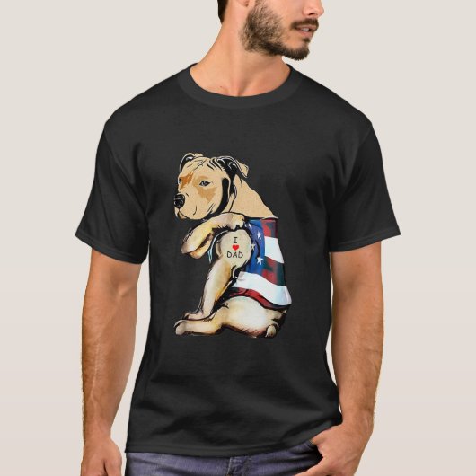 T-shirt Mens PitBull Chien Tatouage J'aime papa  (Devant)