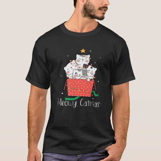 T-shirt Meowa Catmas Chat de Noël Santa Hat Lumière En Nei (Devant)