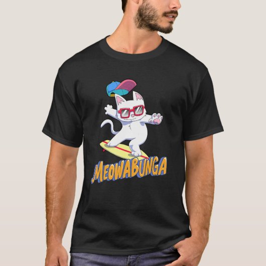 T-shirt Meowabunga Chat Cowabunga Surfant Planche à Roulet (Devant)