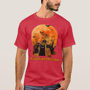 T-shirt Meowloweentown Lune rouge Chats noirs