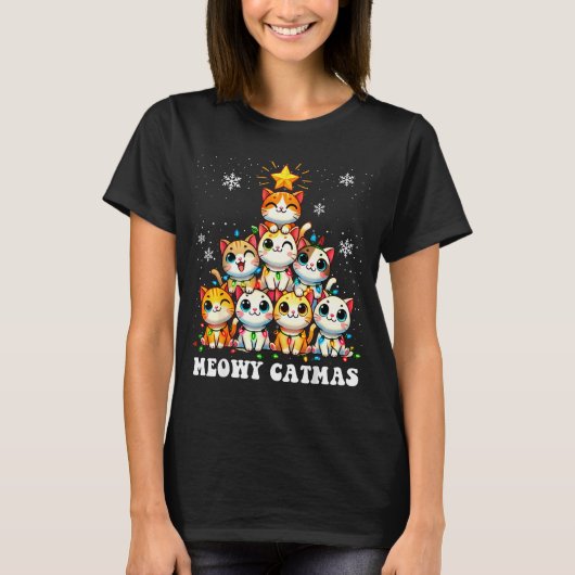T-shirt Meowy Catmas Funny Christmas Tree Lights Cute Cat (Devant)