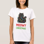 T-shirt Meowy Christmas Black Cat with Lights (Devant)