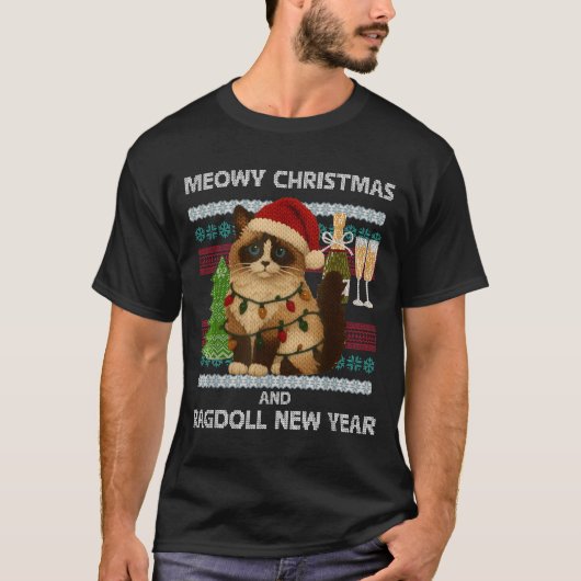 T-shirt Meowy Christmas Funny Ragdoll Cat Santa Hat Ugly S (Devant)