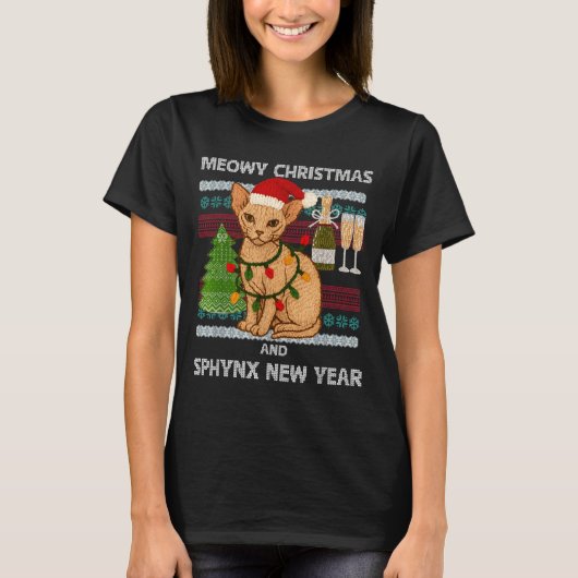 T-shirt Meowy Christmas Funny Sphynx Cat Santa Hat Ugly Sw (Devant)